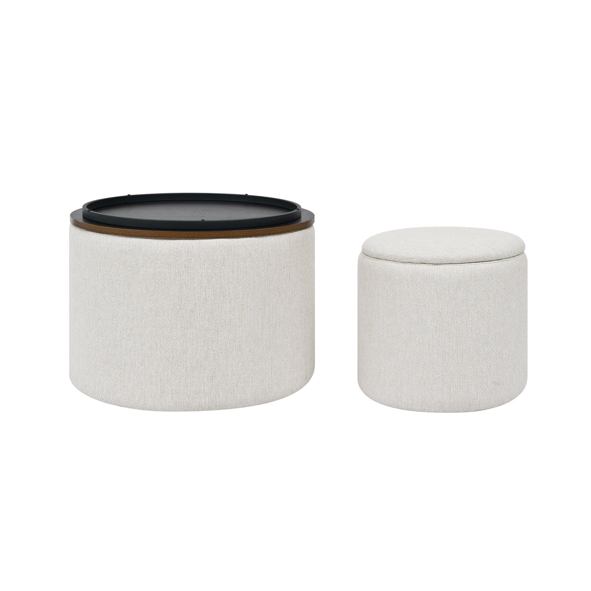 Classic 2-Piece Round Chenille Storage Ottoman Set with Drum Shaped Stool - Beige