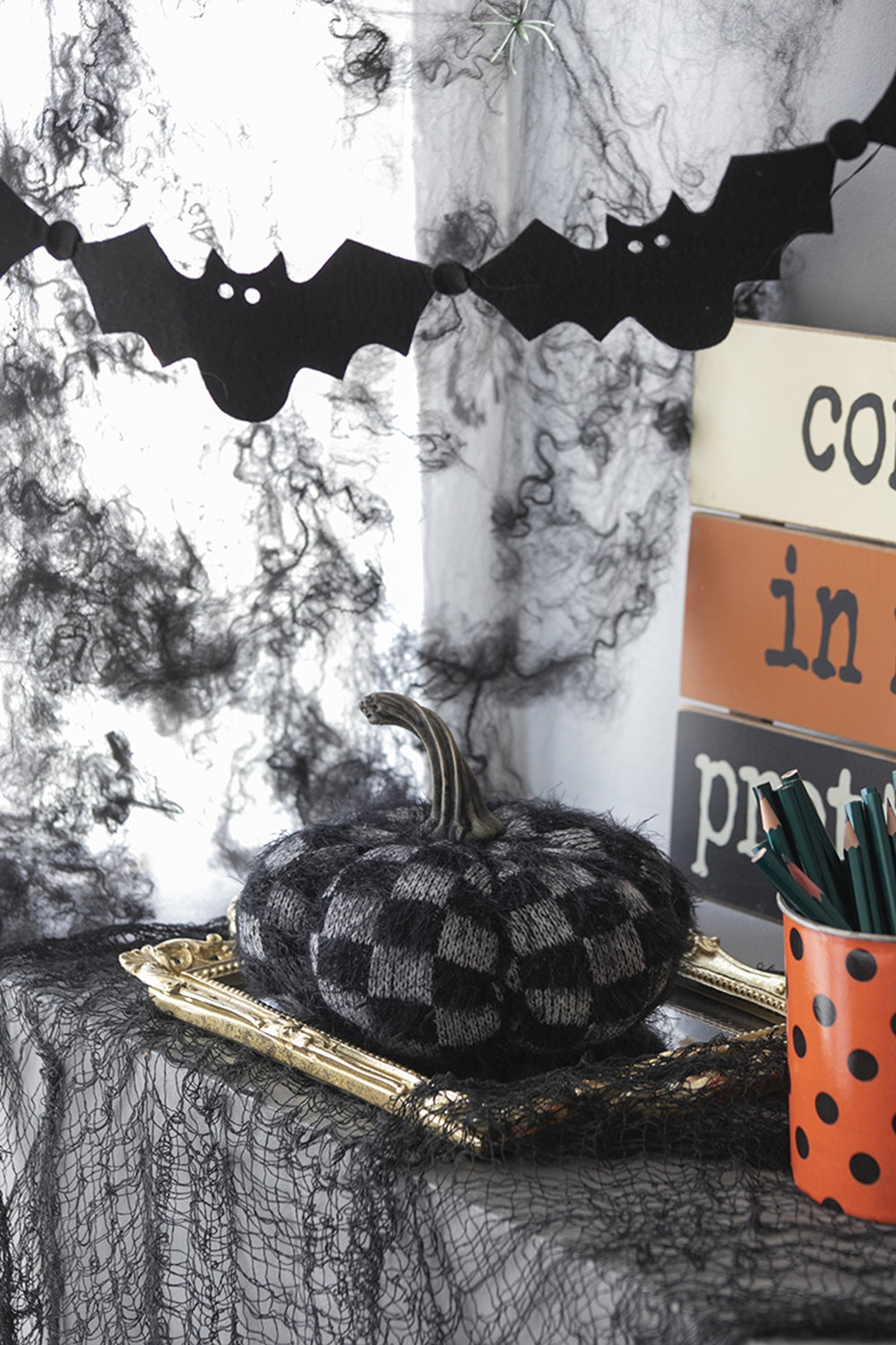 Set of 2 Fabric Black Pumpkins