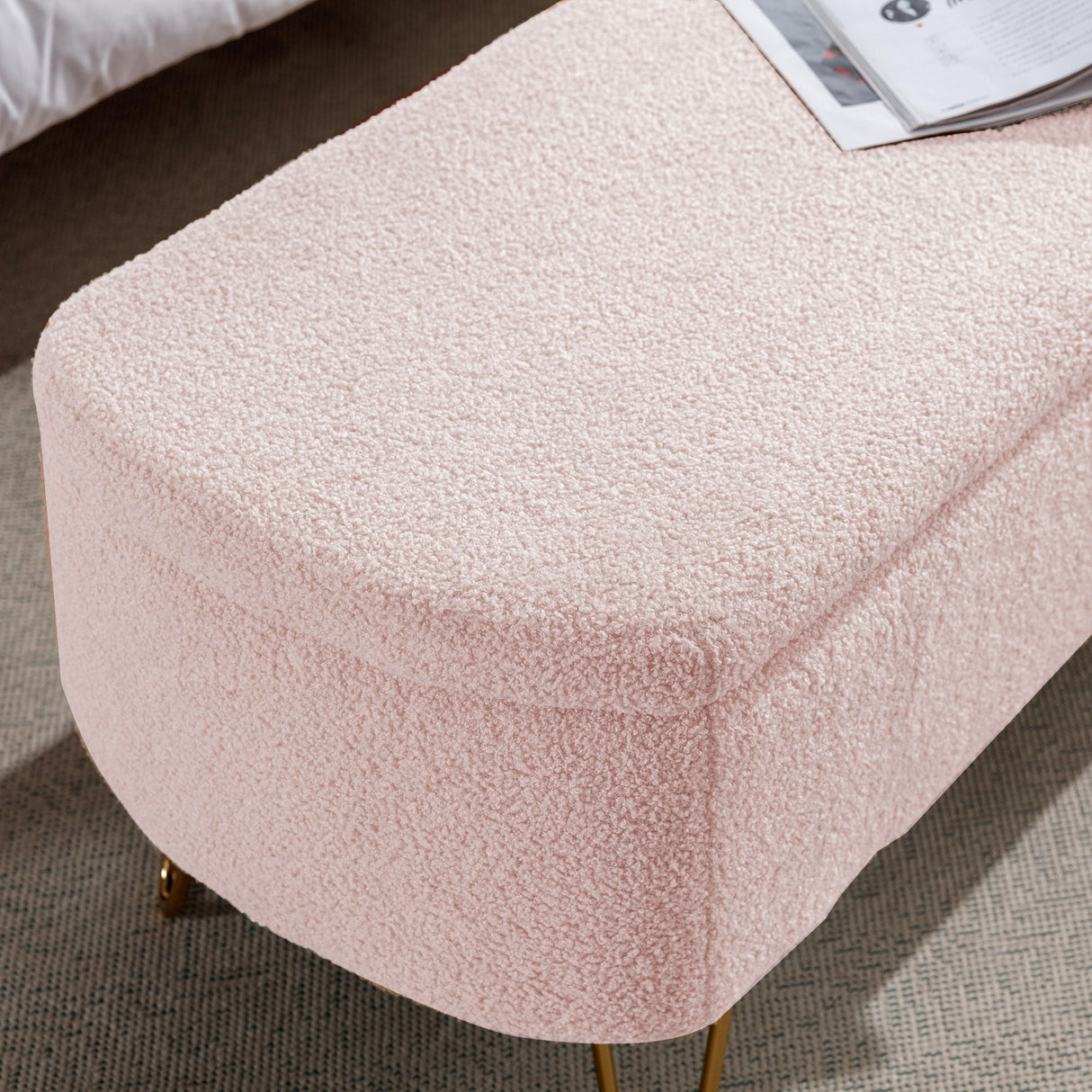 Storage Ottoman Bench For End Of Bed Legs, Modern Camel Faux Fur Entryway Bench Upholstered Padded With Storage For Living Room Bedroom