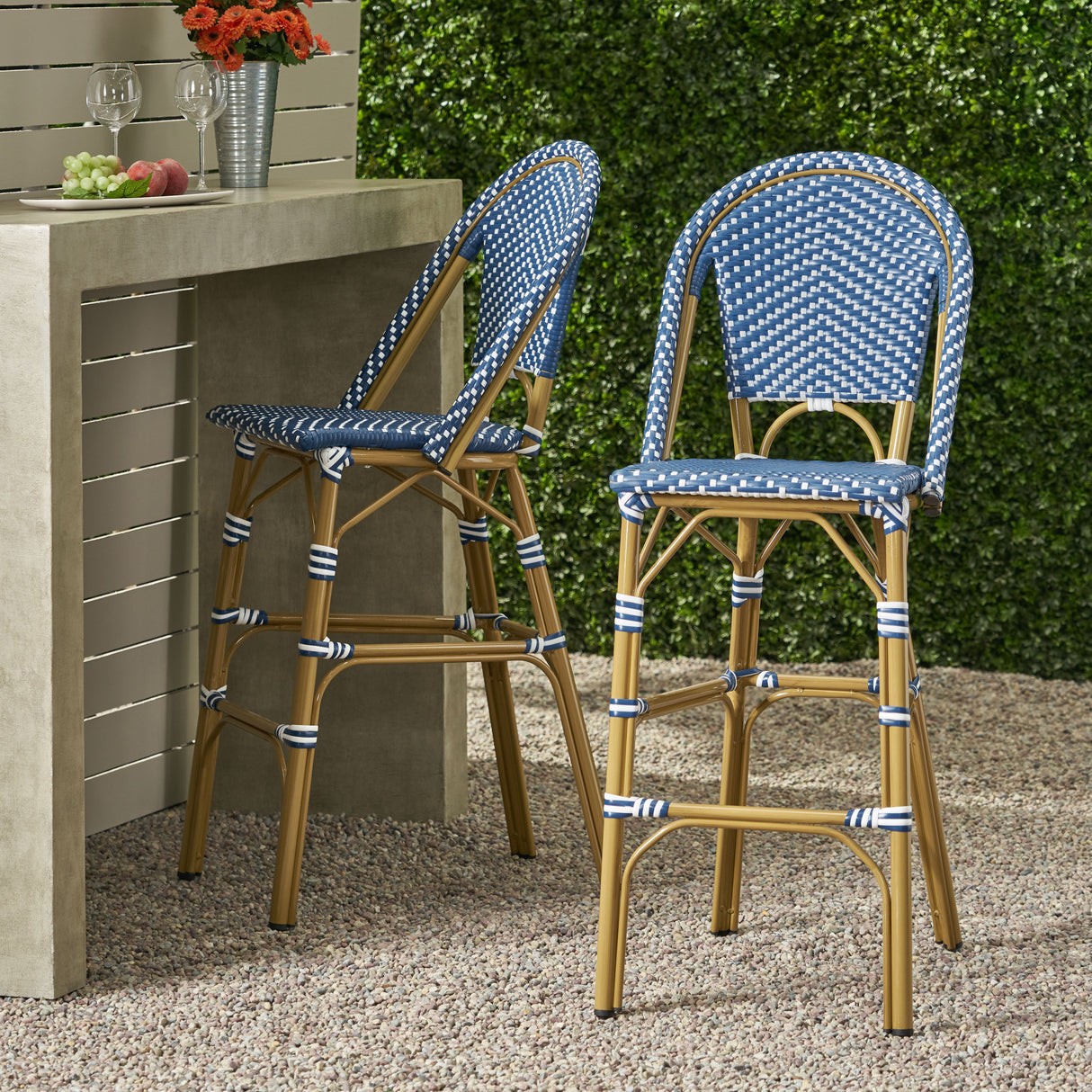 29.5" outdoor pe rattan french barstool, dark teal and white, aluminum frame with bamboo finish (set of 2)