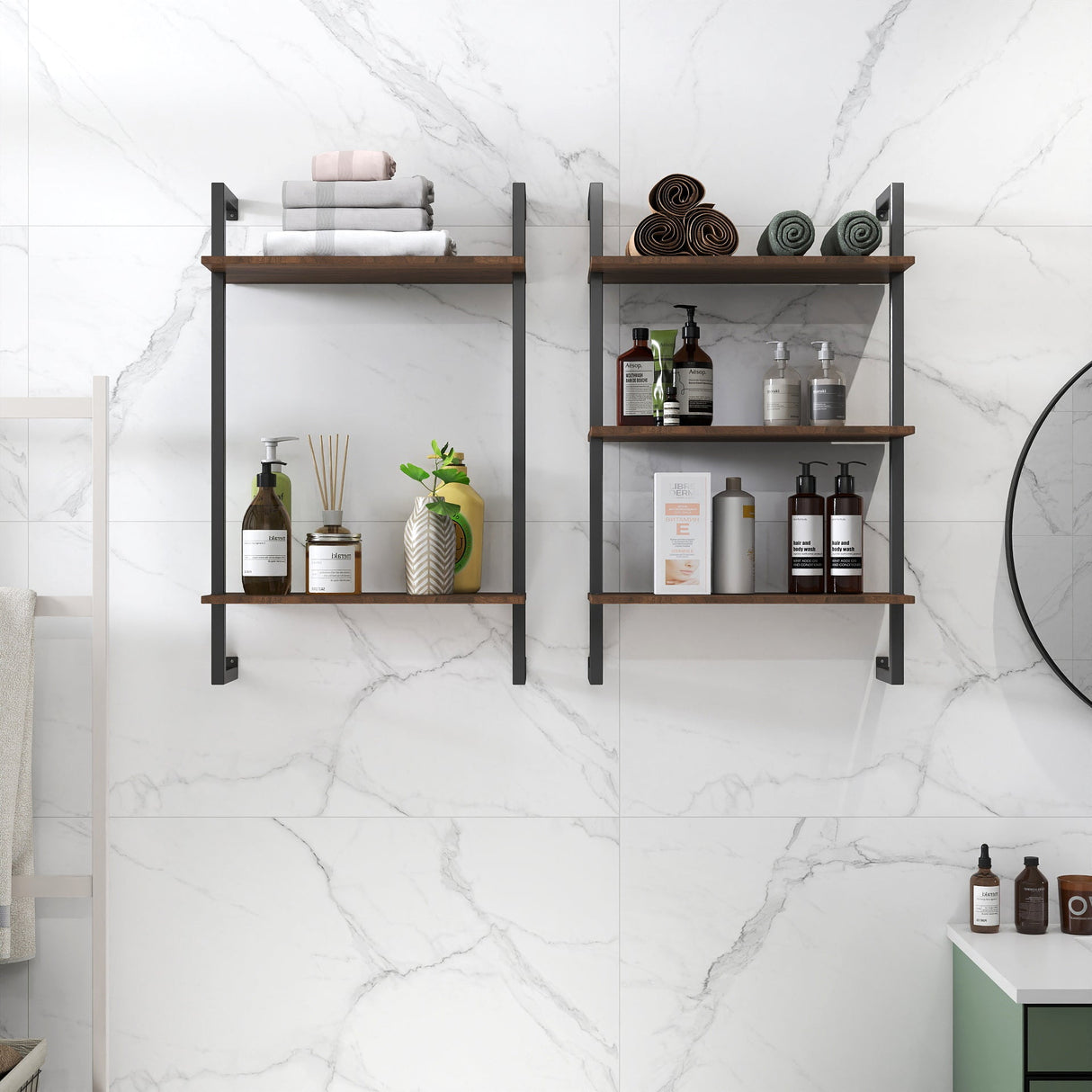 3 Tier and 2 Tier Bathroom Shelves Metal, Wood Hanging Storage Bookshelf