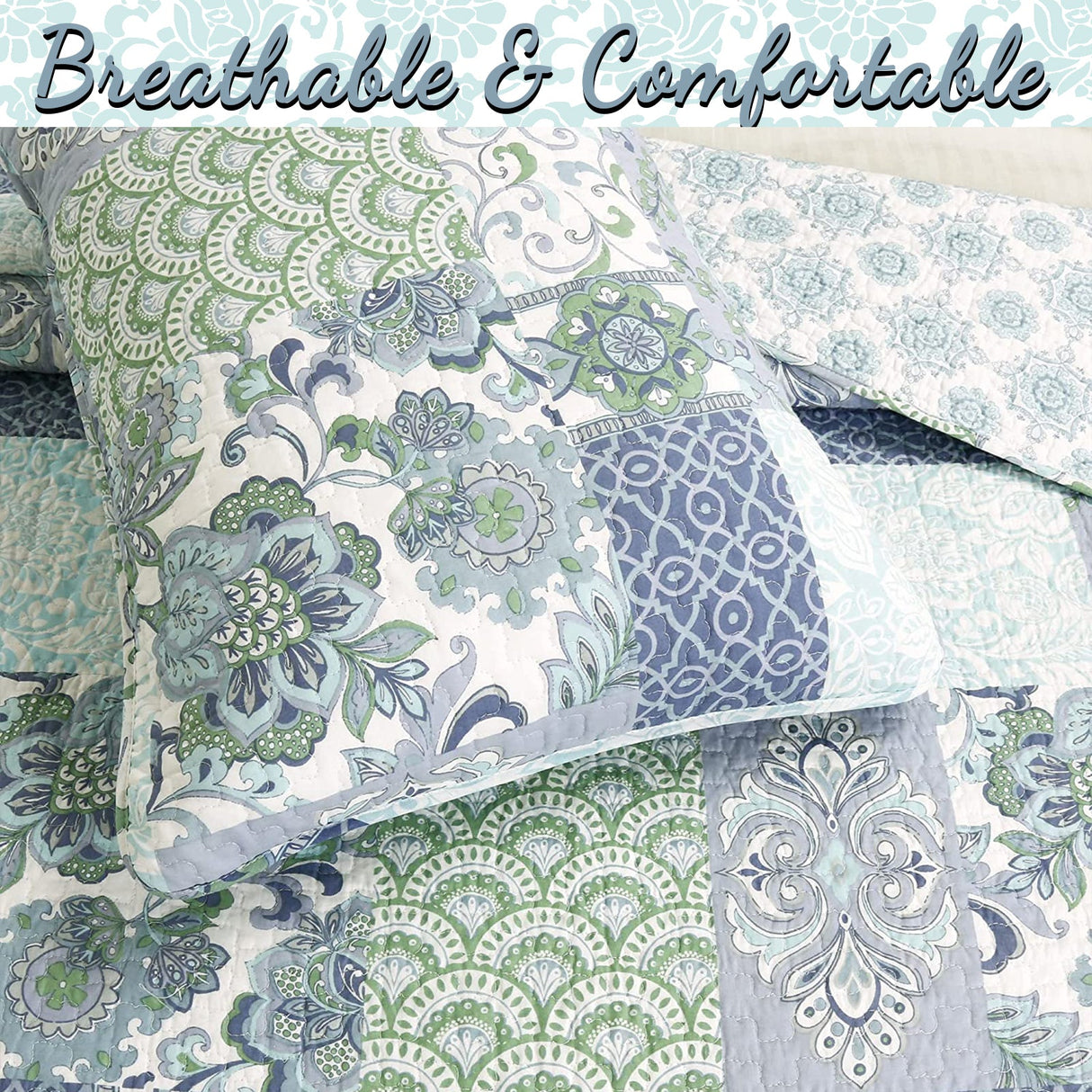 Windfall Blue Print Patchwork Cotton Reversible Quilt Bedding Set