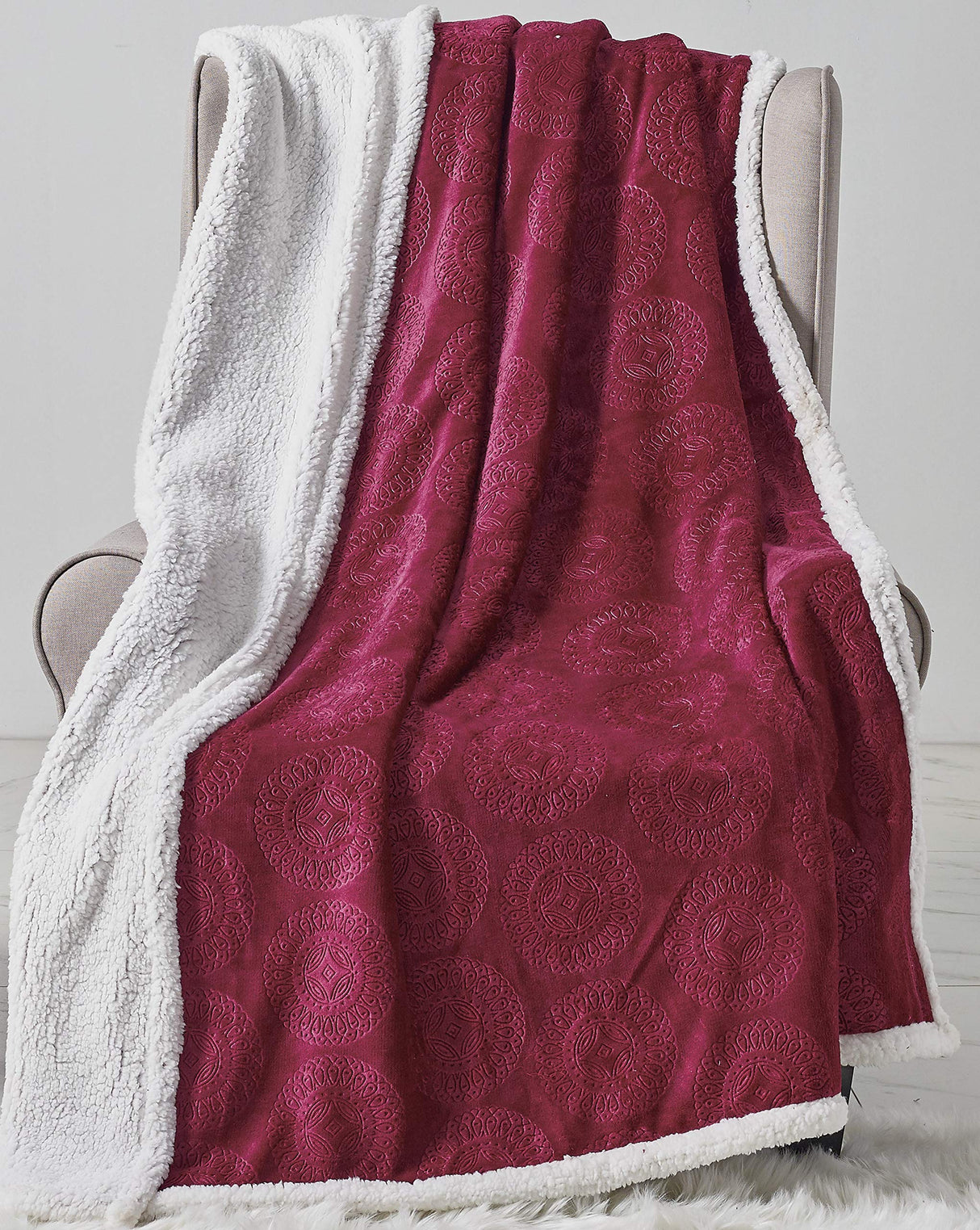 Decor&More Bon Iver Collection Extra Soft Mandala Embossed Microplush Throw Blanket with Sherpa Backing (50" x 60")