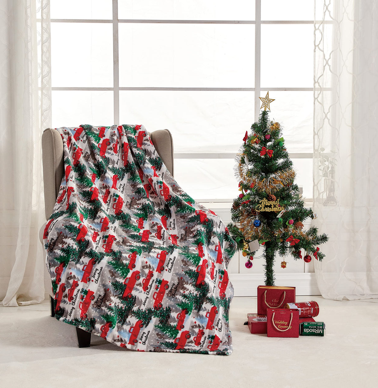 Decor&More Festive Holiday Microplush Throw Blanket (50" x 60") - Christmas Pickup Truck Blanket - Cozy Red Truck Christmas Blanket