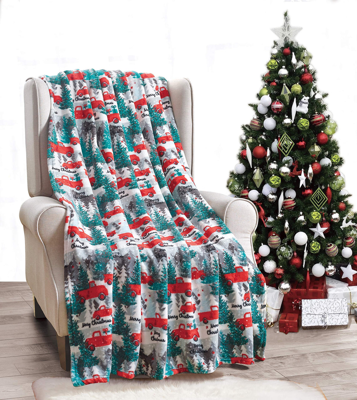 Decor&More Festive Holiday Microplush Throw Blanket (50" x 60") - Christmas Pickup Truck Blanket - Cozy Red Truck Christmas Blanket