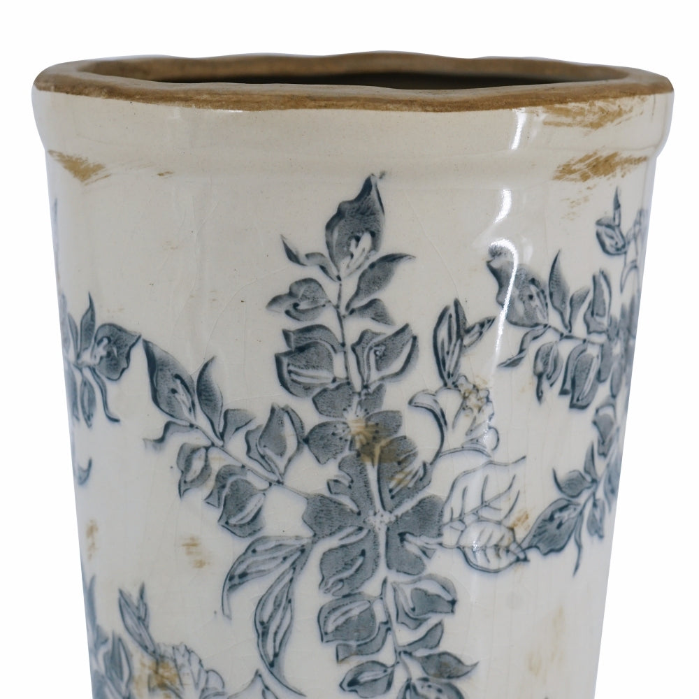 Ceramic Flower Vase with Wide Mouth - Distressed White & Black