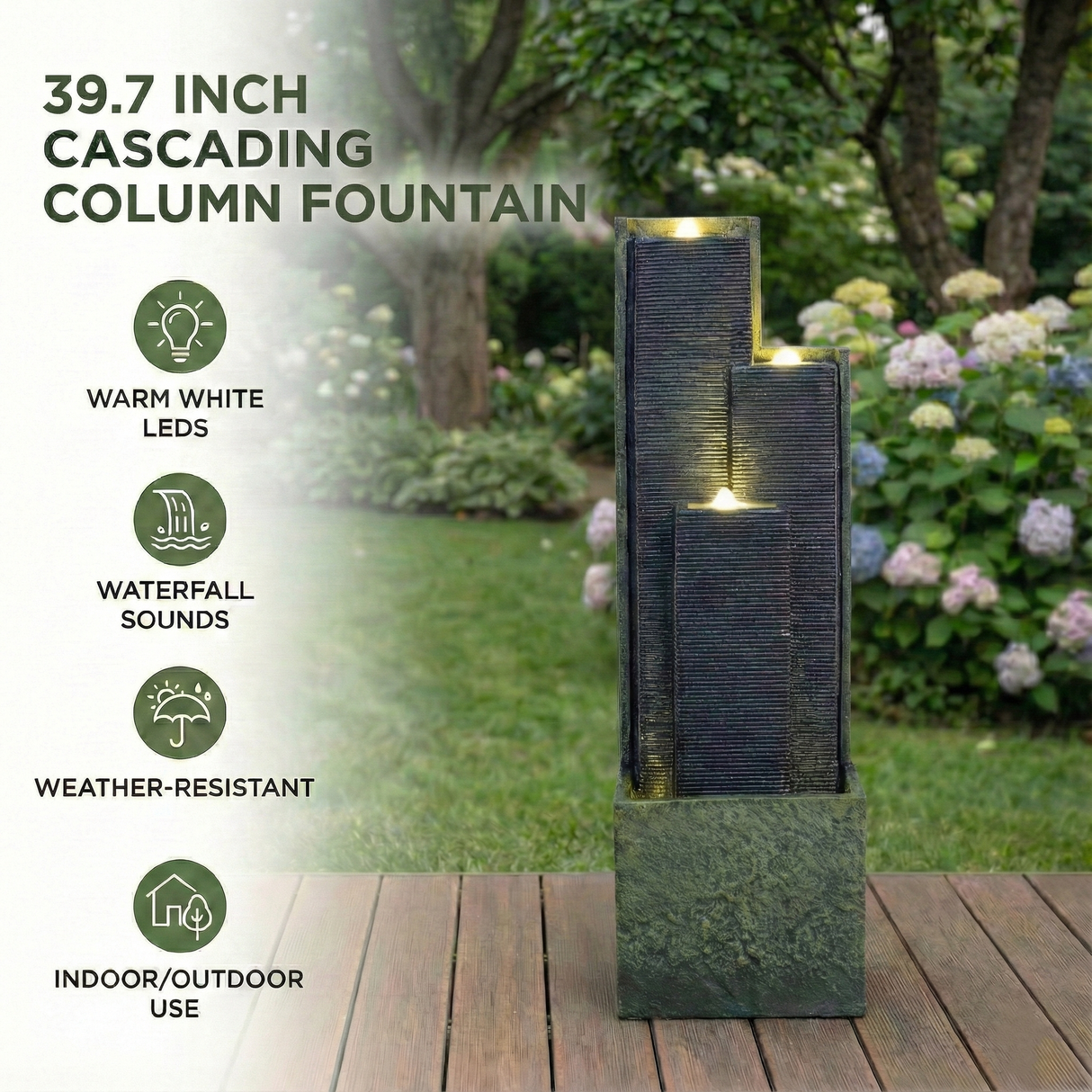 39'' H Outdoor Water Fountain Modern Cascading Freestanding Fountain with LED Lights