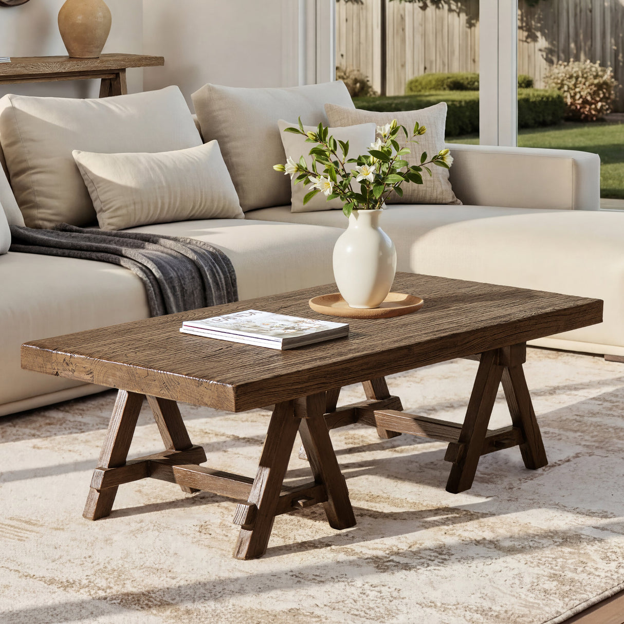 Hawthorne 48' Solid Reclaimed Elm Rectangular Trestle Coffee Table, Heritage Medium-Dark Brown