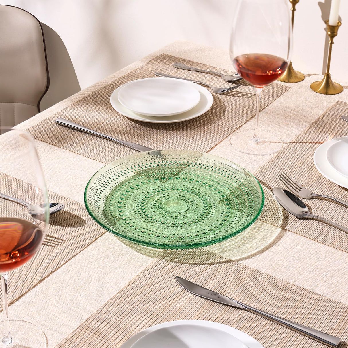 Glass Hobnail Dinner or Charger Plates | Set of 4 | Green