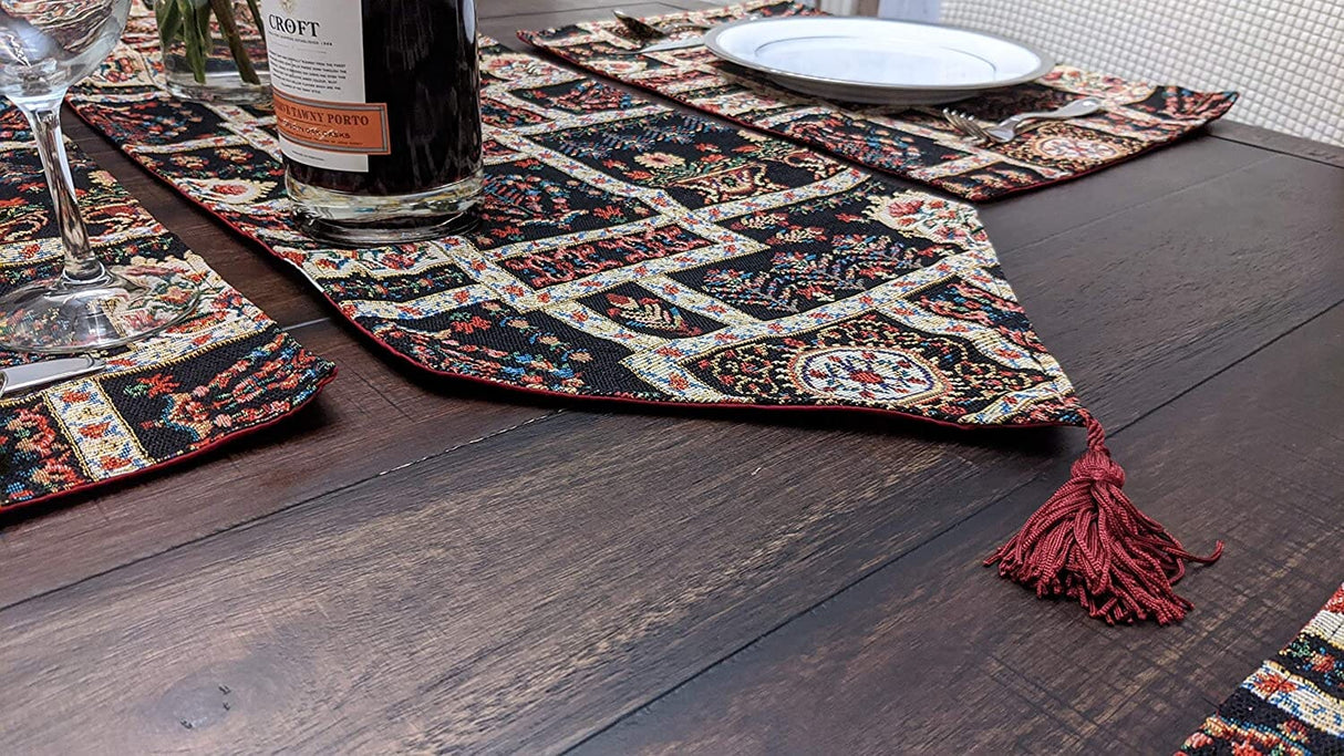 DaDalogy Bedding Elegant Woven Mughal Floral Tapestry Table Runner, Dark Noir Botanical Vintage Fleur (18197)