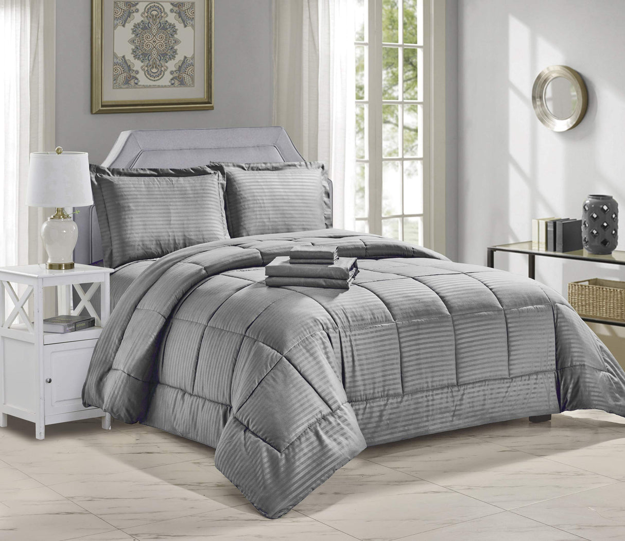 Decor&More Ultra Lush Down Alternative 8 Piece Bed in a Bag Embossed Stripe Comforter Set