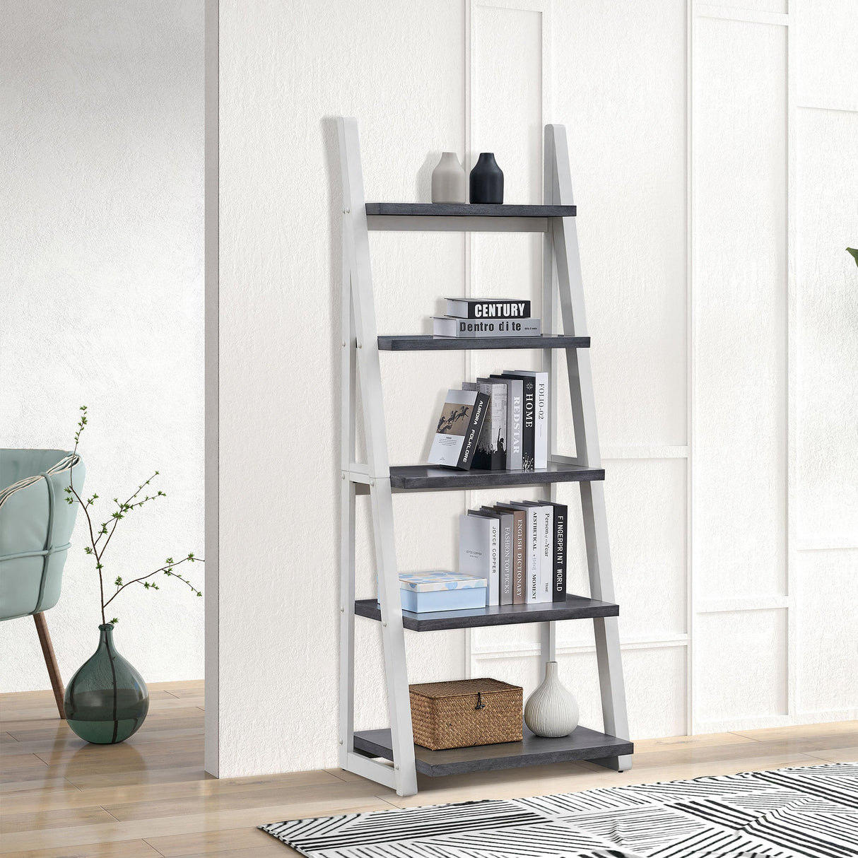 5-Tier Ladder Shelf with Rubber Wood Frame