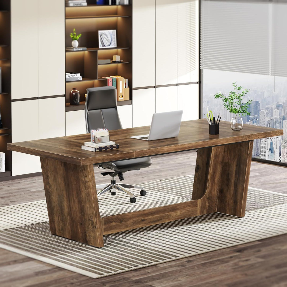 Executive Desk For Home Office, Computer Table With Pedestal, Large Writing Workstation - Brown