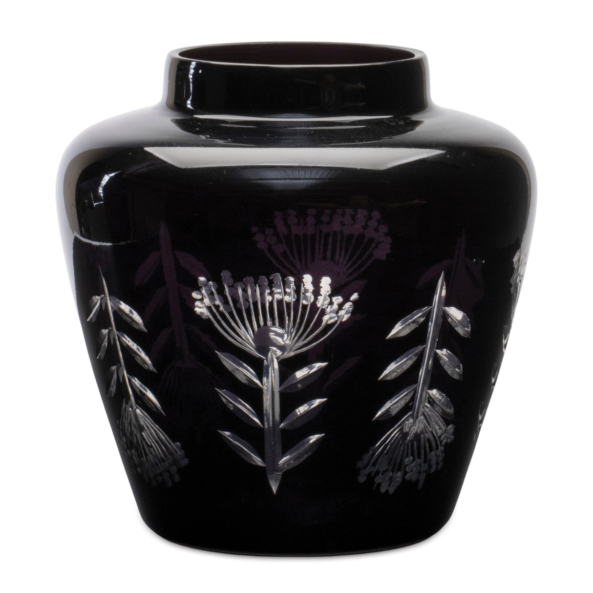 Etched Soda Lime Glass Urn Vase 6.5" Diameter Black