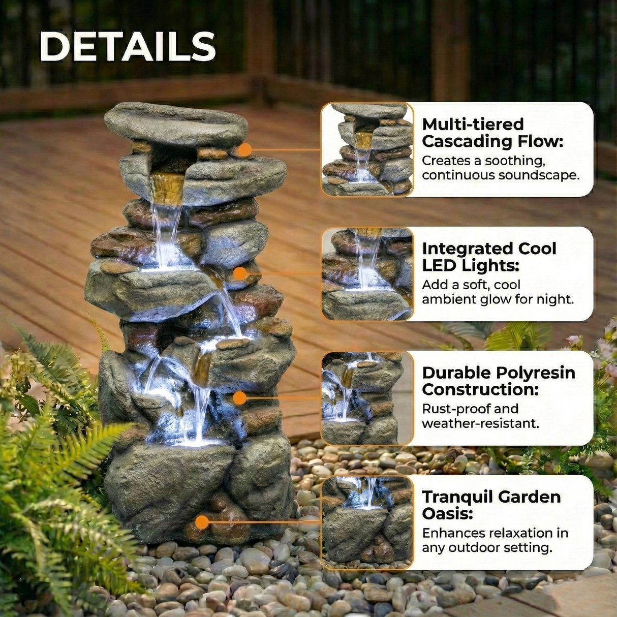 Outdoor Water Fountain Large - Stone Fountains with LED Light for Patio Yard Garden Backyard Decking Outdoor or Entryway Decor 30''