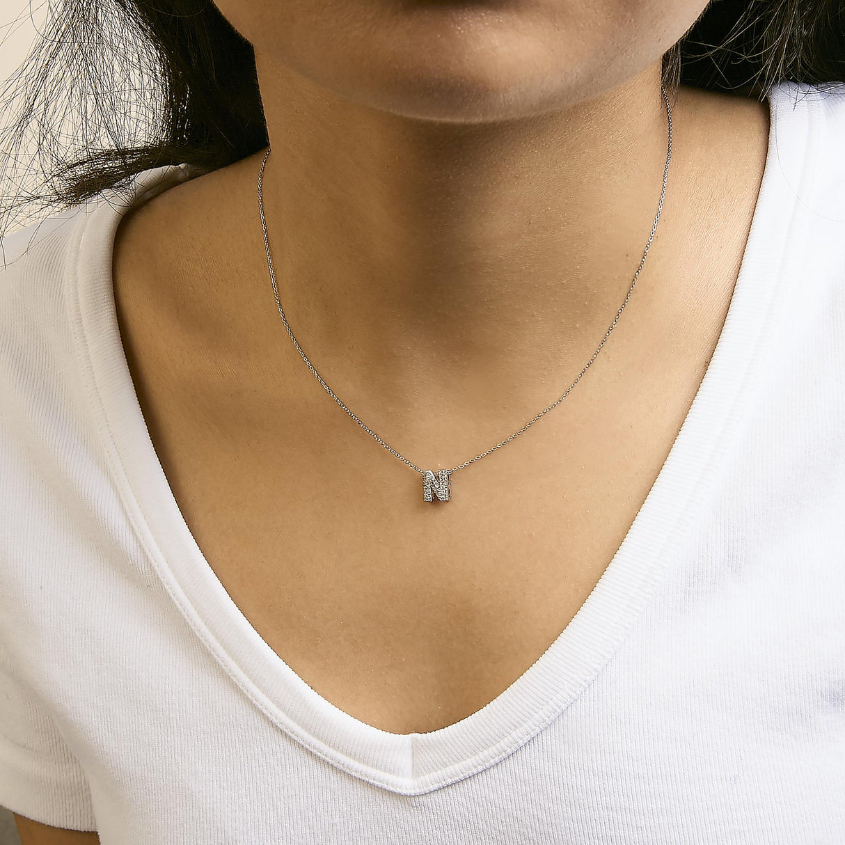 10K White Gold Diamond Accent "A-Z" Initial Bubble Pendant Necklace
