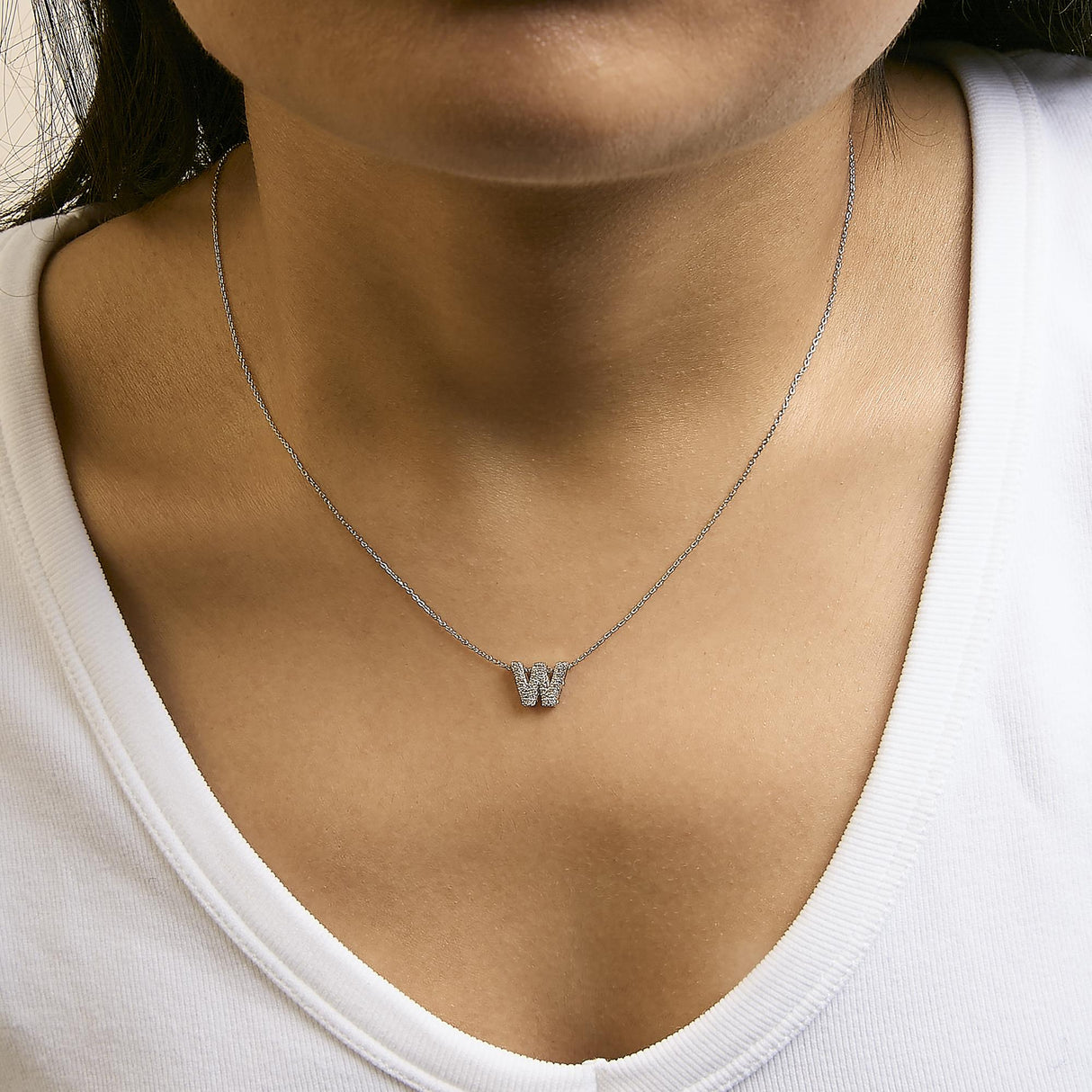 10K White Gold Diamond Accent "A-Z" Initial Bubble Pendant Necklace