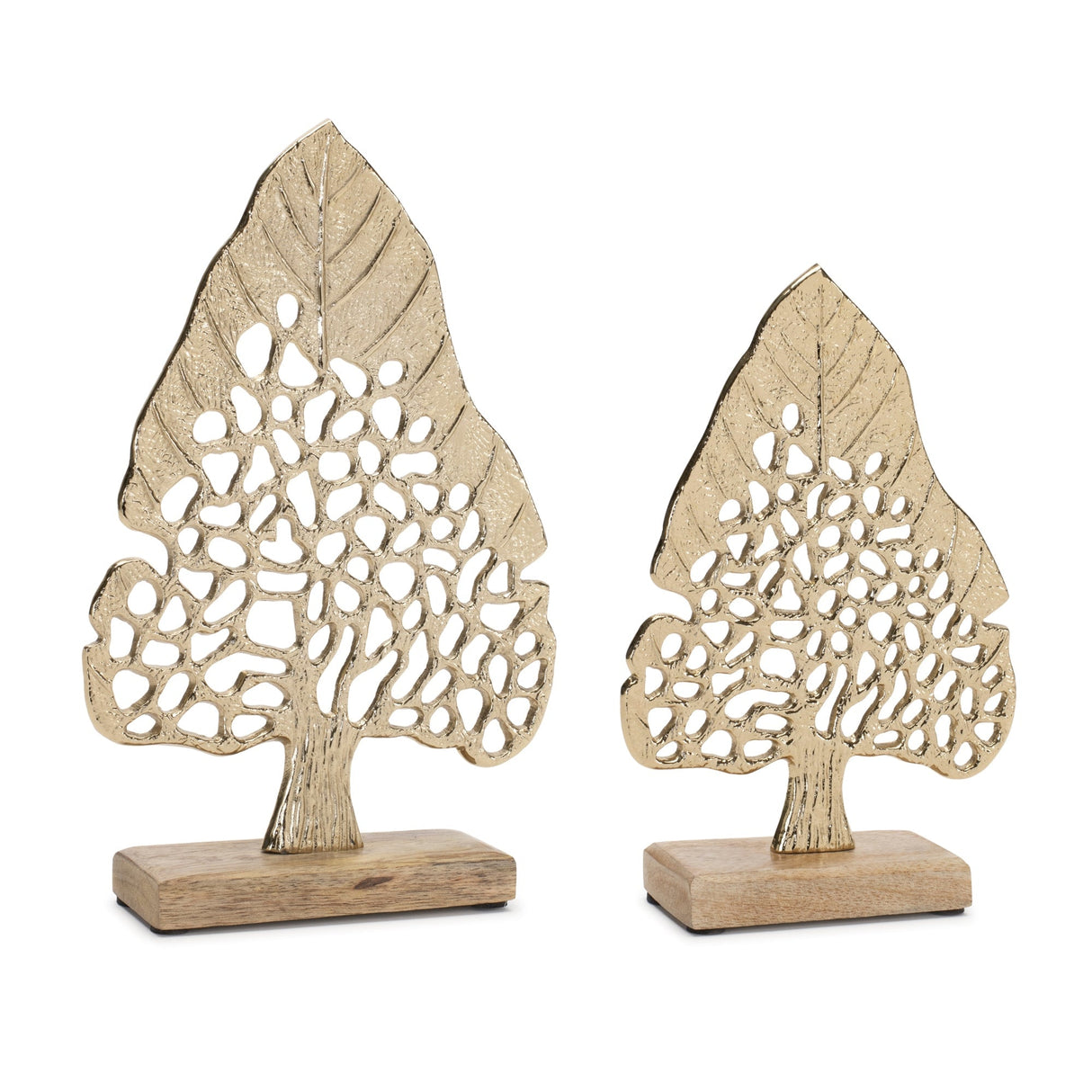 Modern-metal-leaf-tree-on-wood-base-(set-of-2)-Decorative-Objects