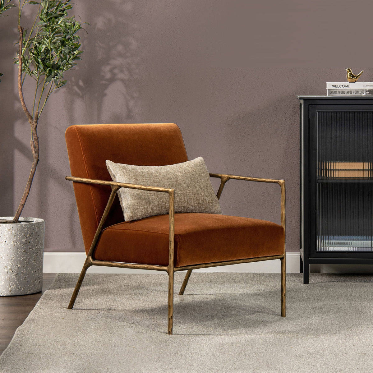 Hammered Brass Upholstered Accent Arm Chair with Performance Upholstery - Orange or Dark Green