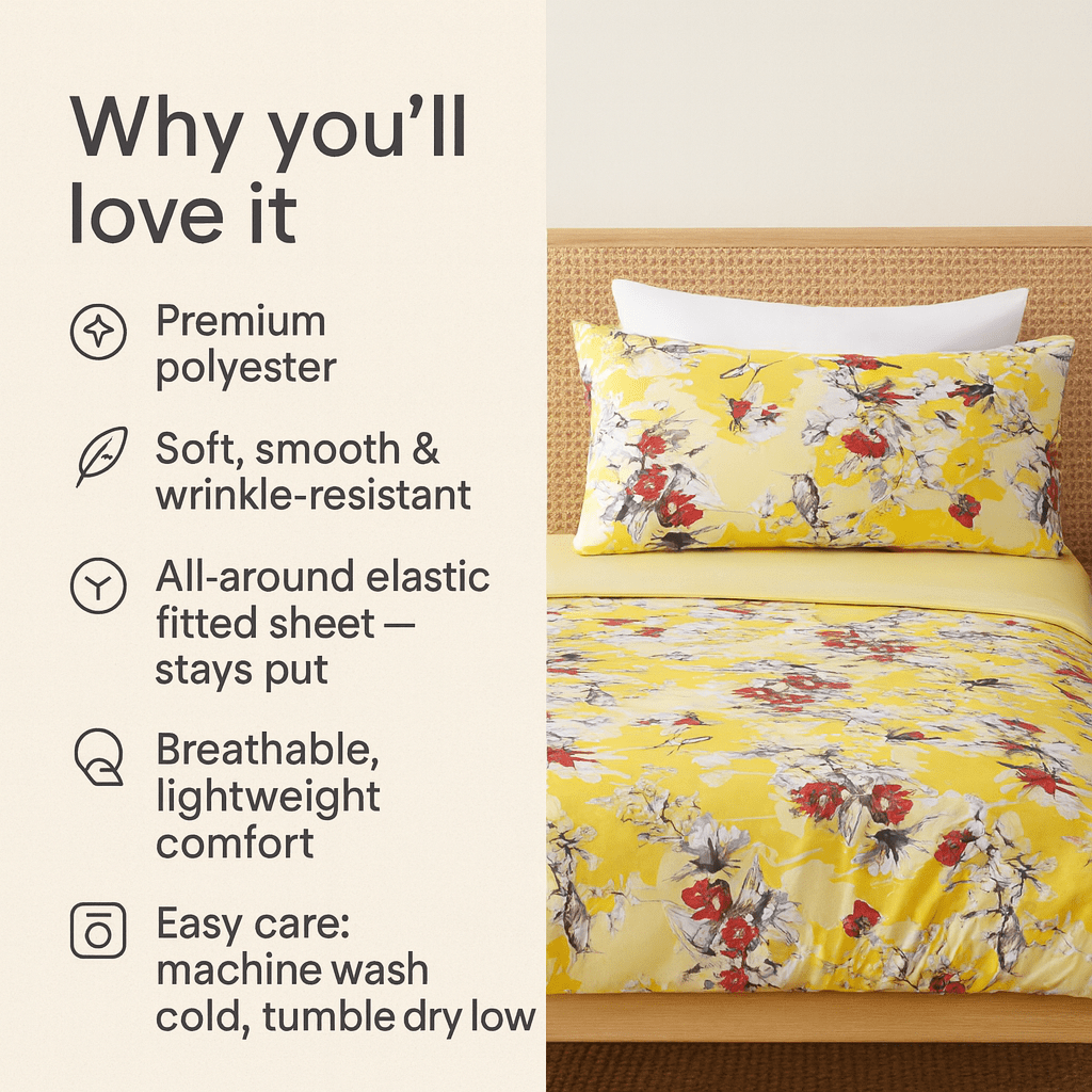 DaDa Bedding Sunshine Yellow Hummingbirds Floral Fitted & Flat Bed Sheets Set (JHW-925)