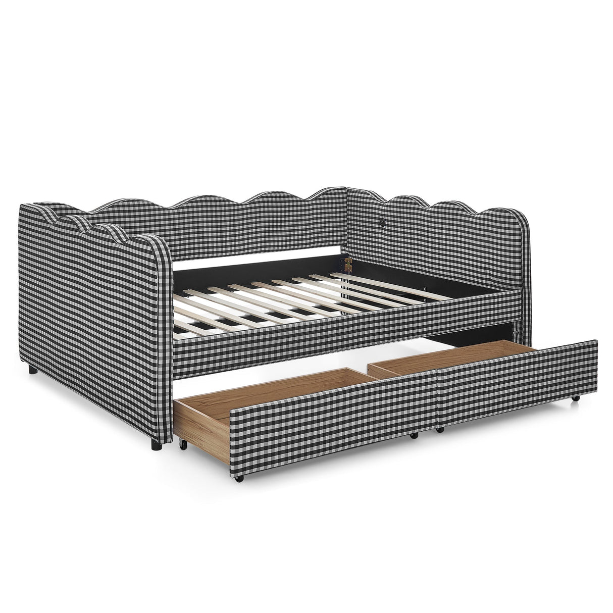Full Size Cozy Gingham Daybed with Two Storage Drawers, with USB Port and Adorable Wave Shaped, Linen Fabric