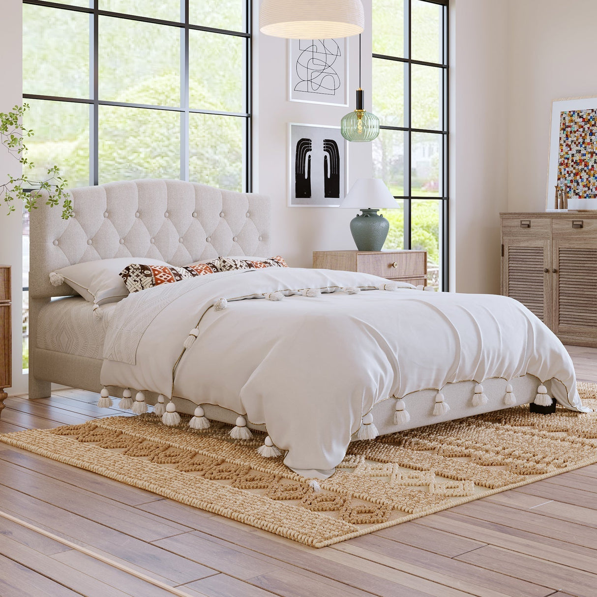 Upholstered Platform Bed with Saddle Curved Adjustable Headboard and Diamond Tufted Details