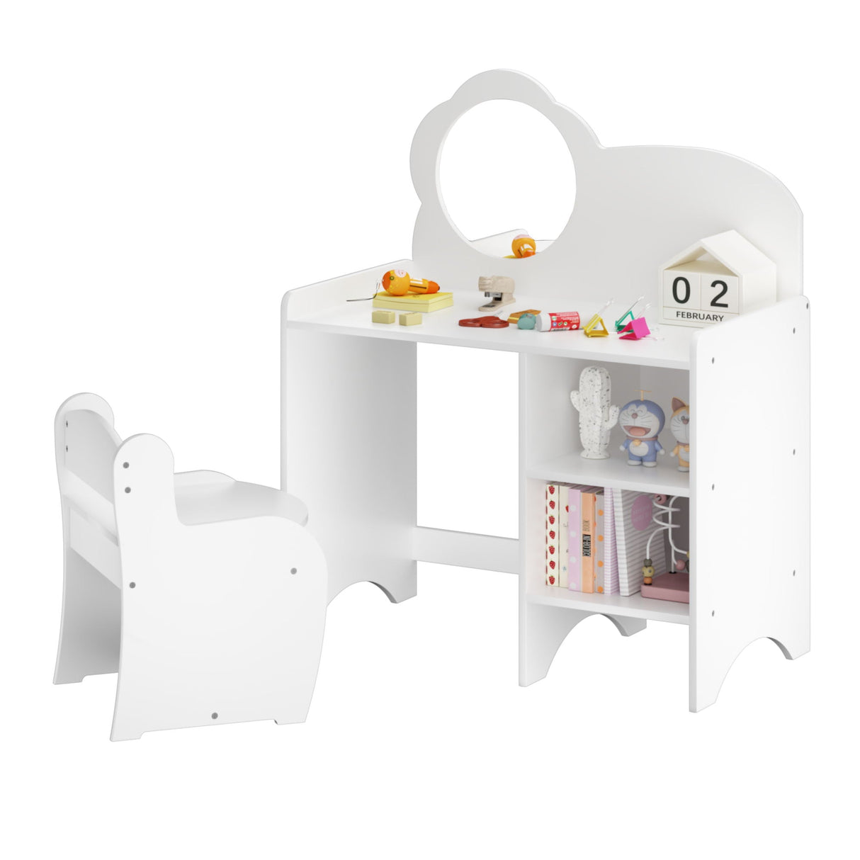 Kids Vanity Table With Mirror And Chair, Dressing Makeup Desk With Storage Shelves - White