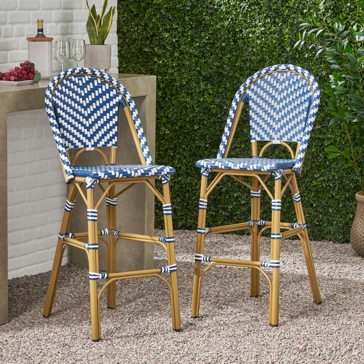 29.5" outdoor pe rattan french barstool, navy blue and white, aluminum frame with bamboo finish (set of 2)