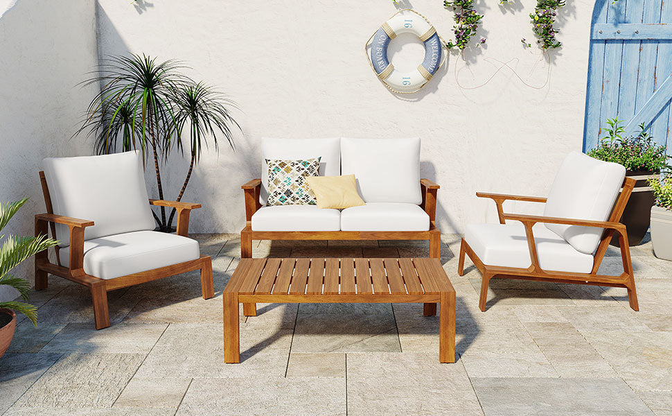 Acacia Wood Outdoor Sofa Set for 4 with Cushions and Coffee Table
