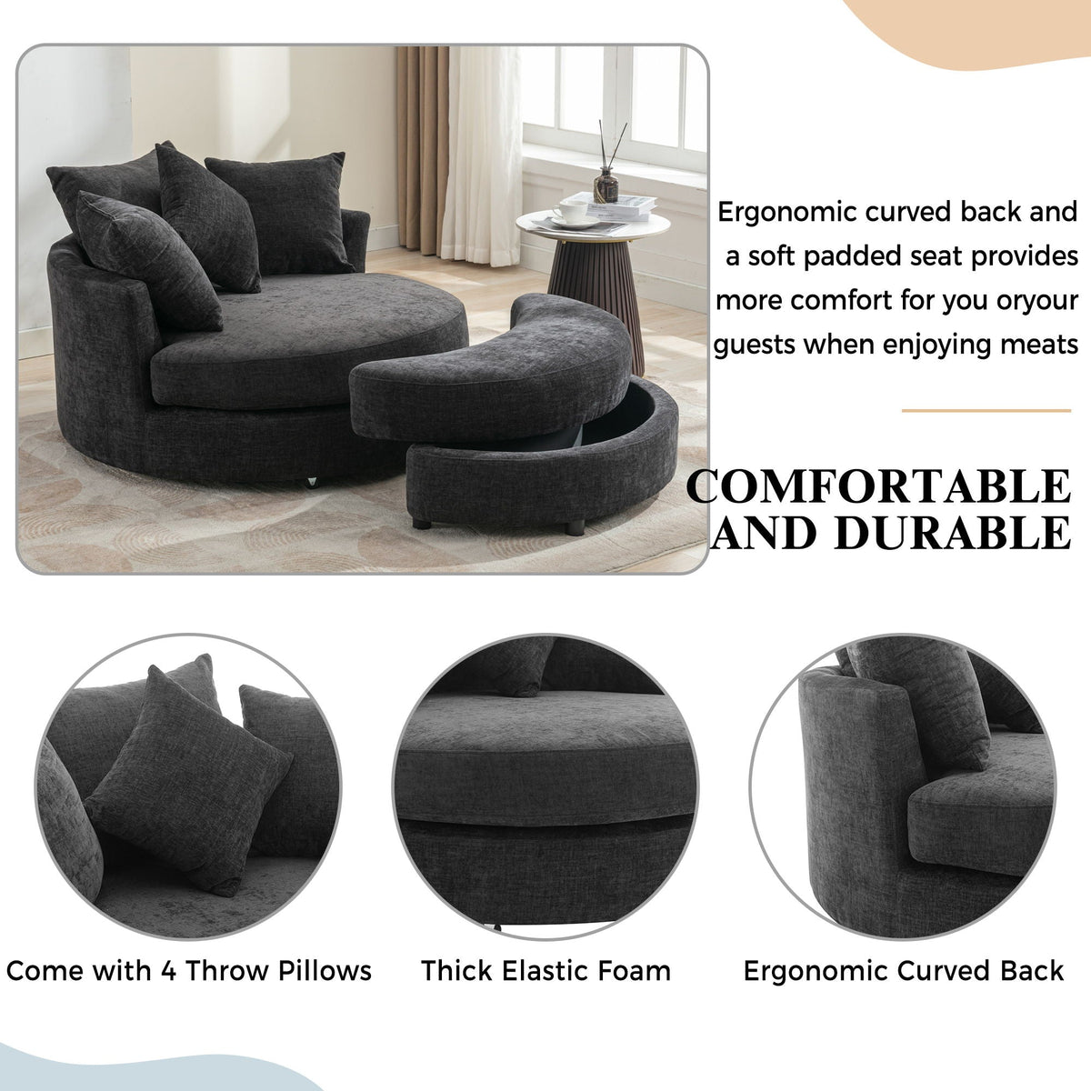360° Swivel Accent Barrel Chair With Storage Ottoman & 4 Pillows, Modern Leisure Chair Round Accent For Living Room