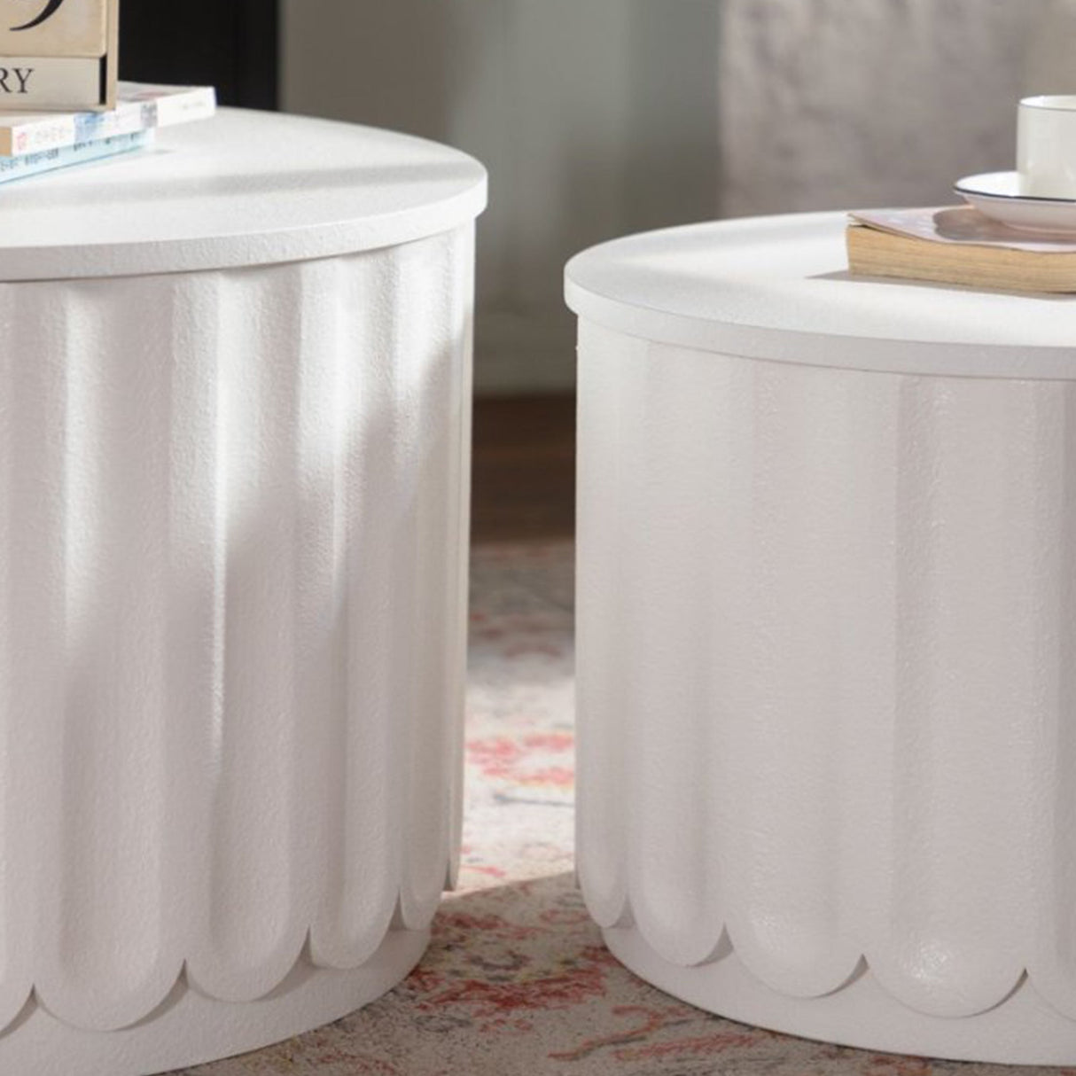 White Round Storage Table Set with Lift-Off Lid