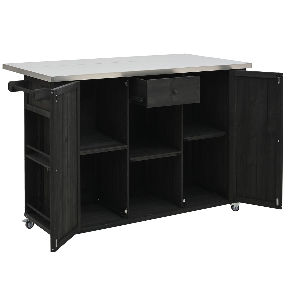 Outdoor Kitchen Island With Stainless Steel Top, Ample Storage Space, Towel And Spice Racks And A Bottle Opener