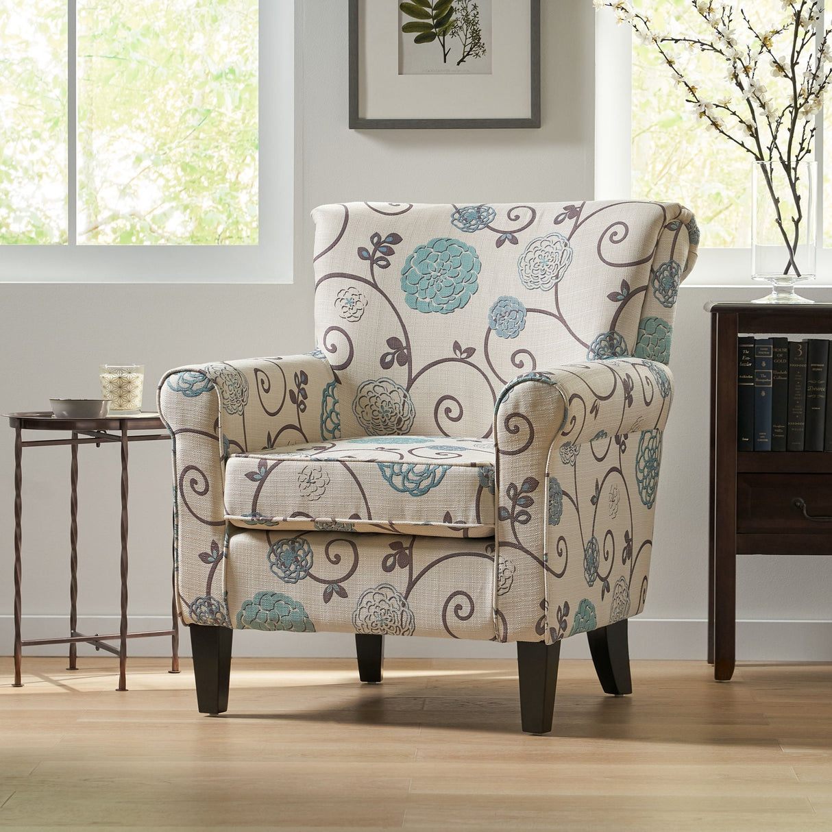 Upholstered Chair With Floral Pattern Design And Solid Wood Legs - Multi Color