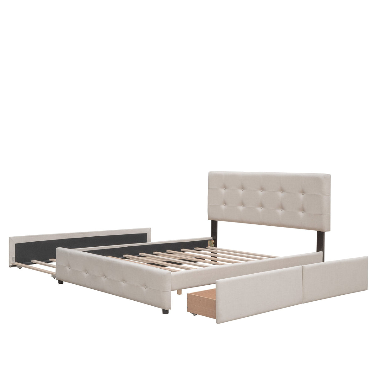 Upholstered Platform Bed with 2 Drawers and 1 Twin XL Trundle, Linen Fabric, Queen Size - Dark Beige(OLD SKU :LP100314AAA)