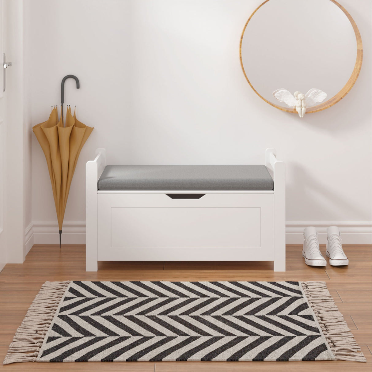 Kids Toy Box Chest Storage Cabinet With Cushion Seat Bench Flip Top Lid Safety Hinge - White