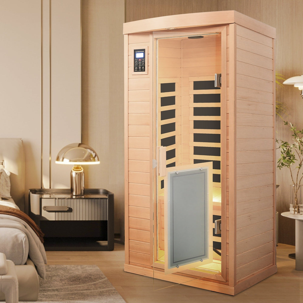 Low EMF, There is also a heating plate on the glass door, Hemlock wood Far-infrared indoor One person sauna room