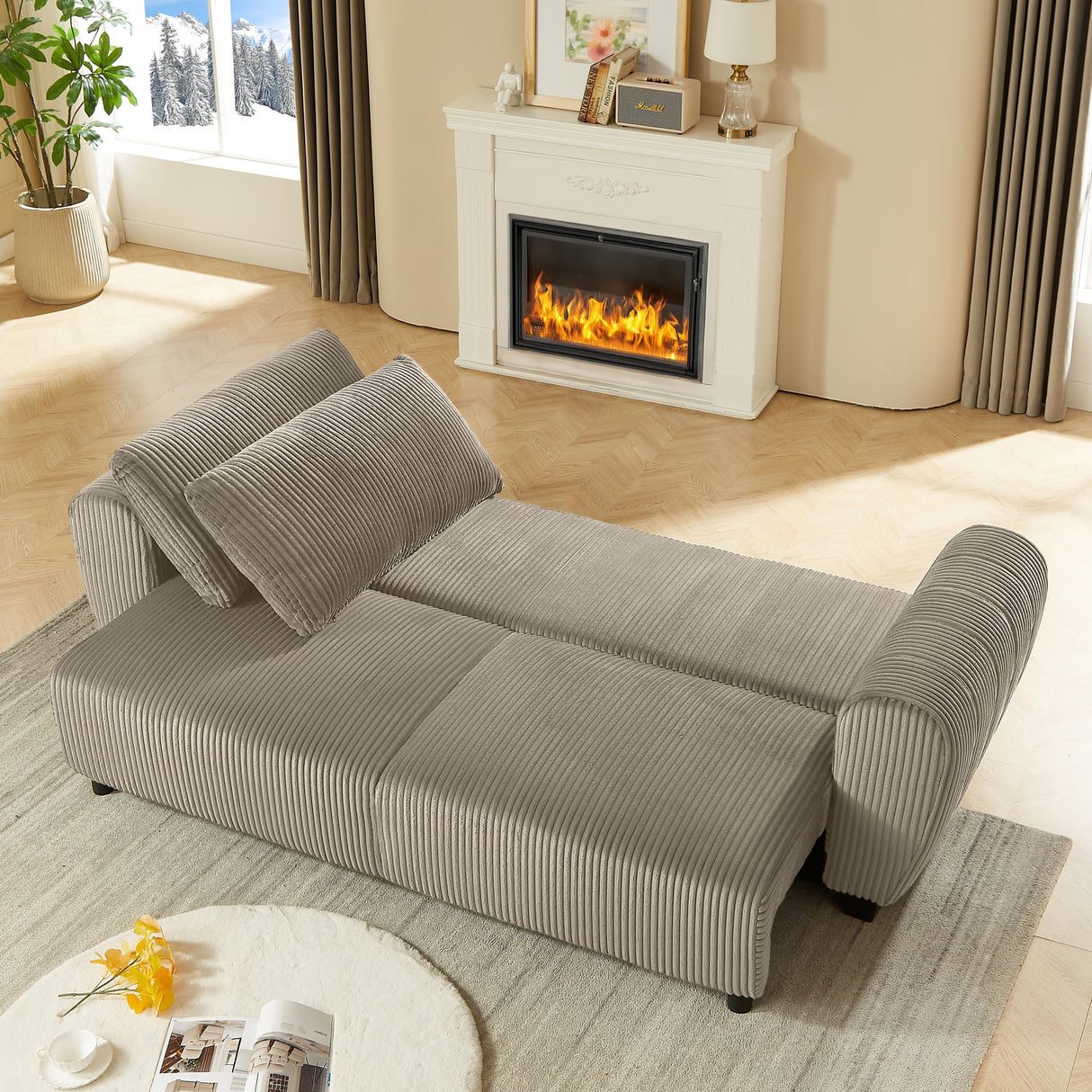 Corduroy Upholstered 3-Seat Sofa Couch 2-in-1 Convertible Sleeper Sofa Light Brown