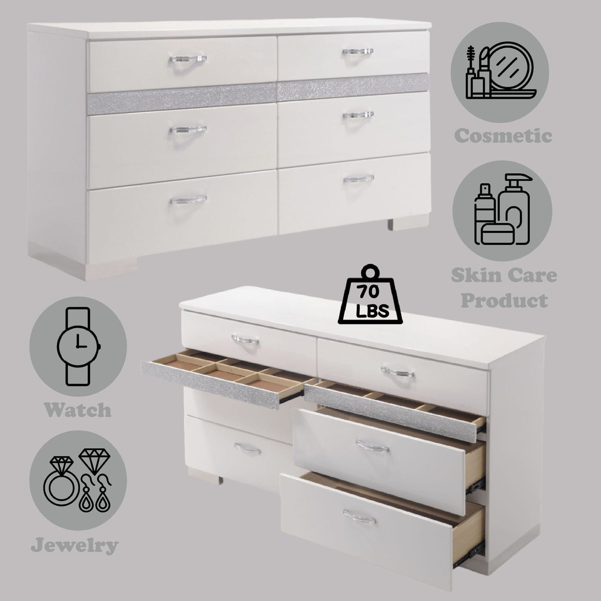 Naima II White Dresser with Jewelry Organizers