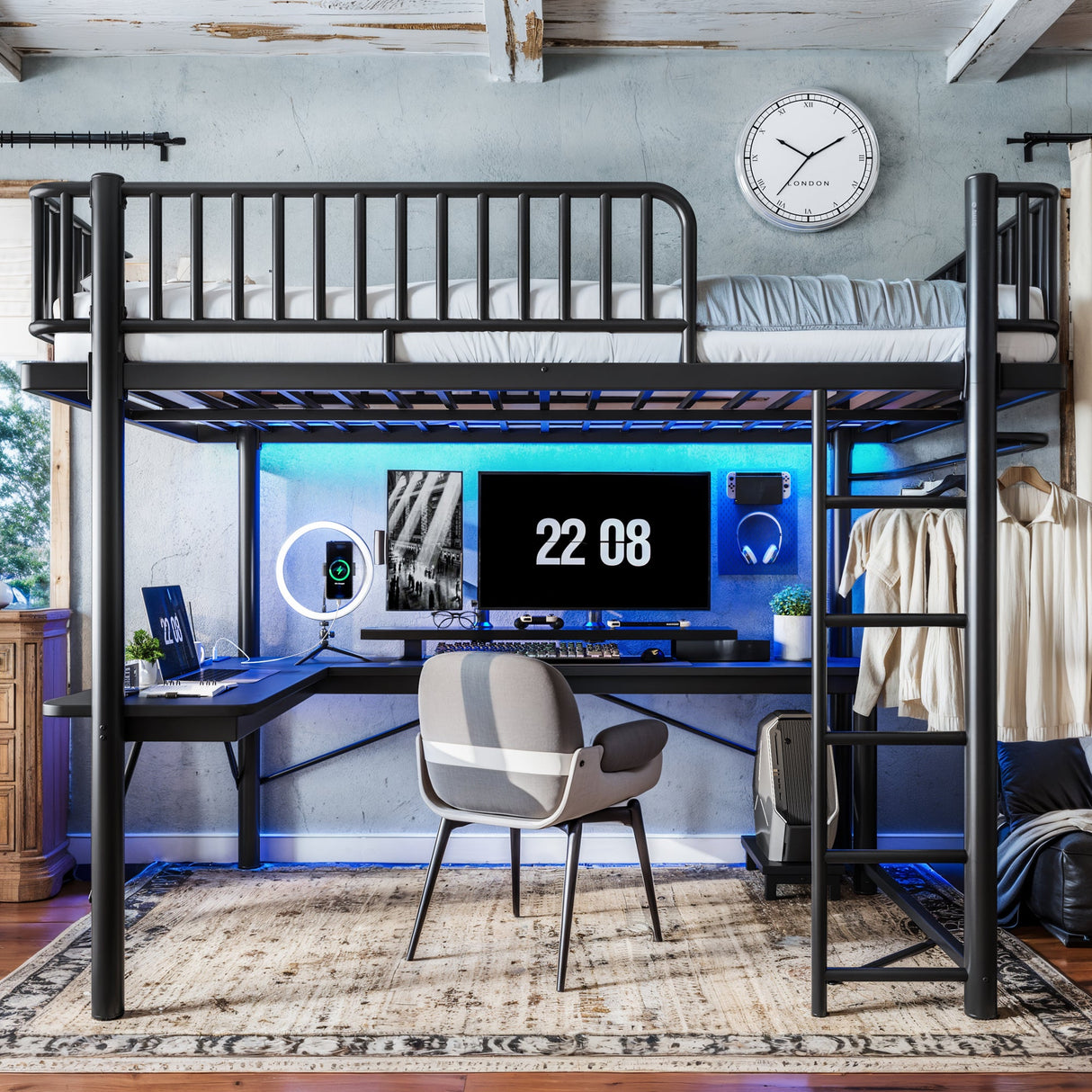 Queen Loft Bed with L-Shaped Desk