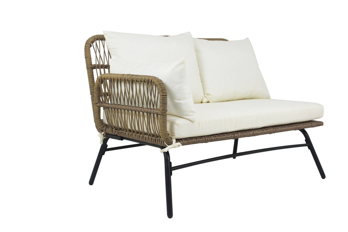 6PCS Outdoor Patio Balcony Natural Color Wicker Sofa Chair Set with Beige Cushion and Round Tempered Glass Table