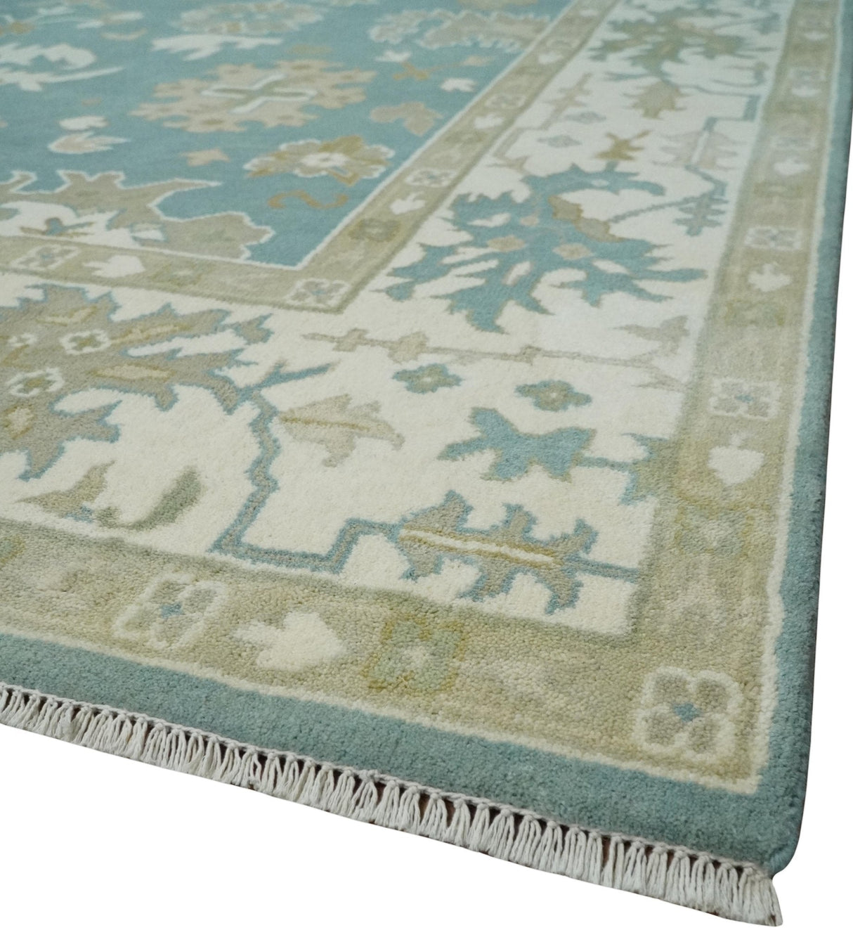 9.2x12.5 Hand Knotted Oriental Oushak Teal, Ivory and Beige Wool Area Rug