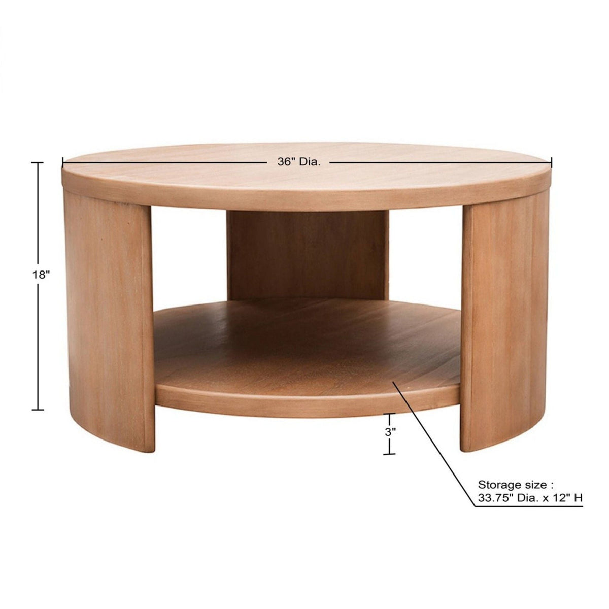 Minimalist Round Coffee Table With Shelf Storage - Natural