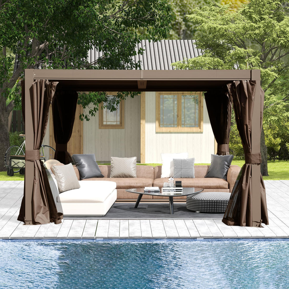 10x10 FT Outdoor Louvered Pergola with Adjustable Louvers - Brown