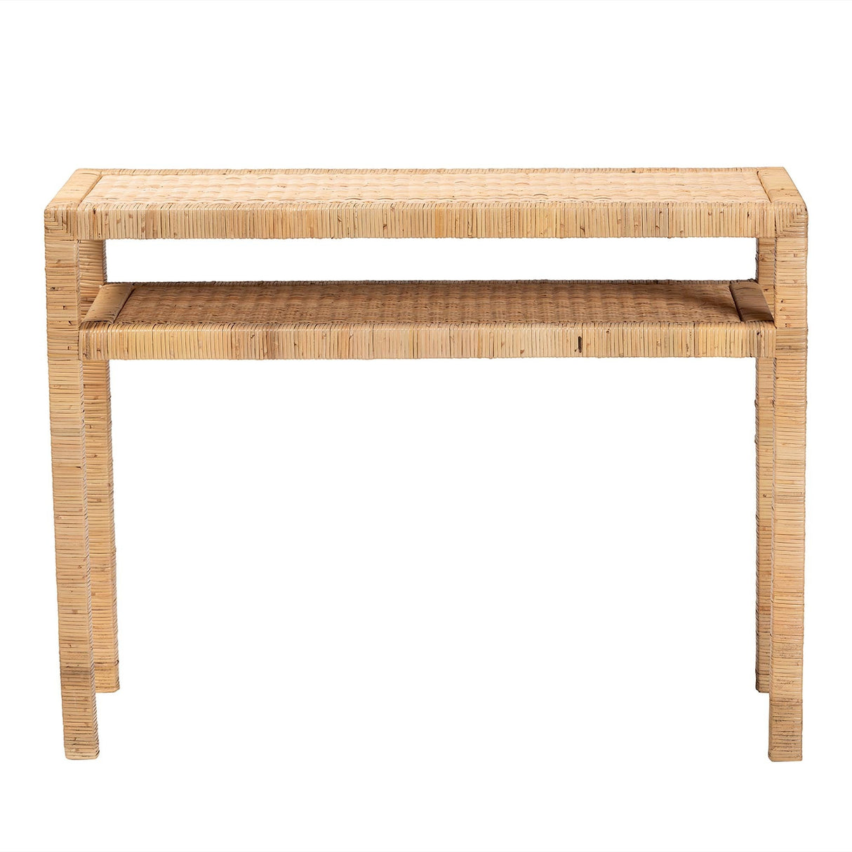 Console Table with One Shelf in Natural Rattan and Wood