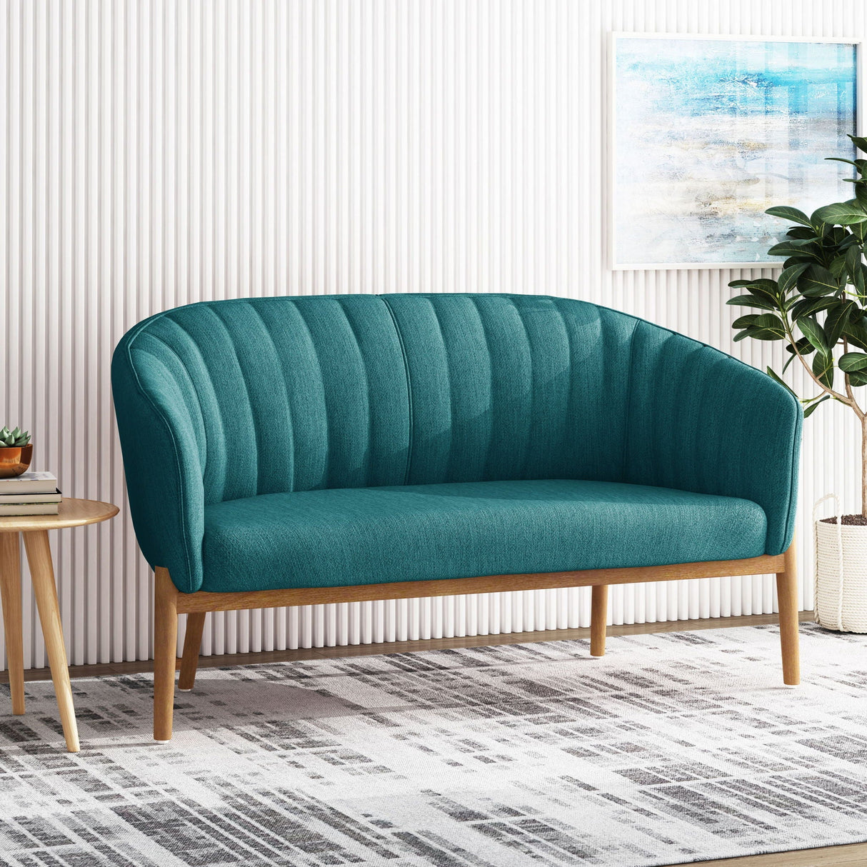 Mid Century Modern Loveseat with Channel Stitched Backrest