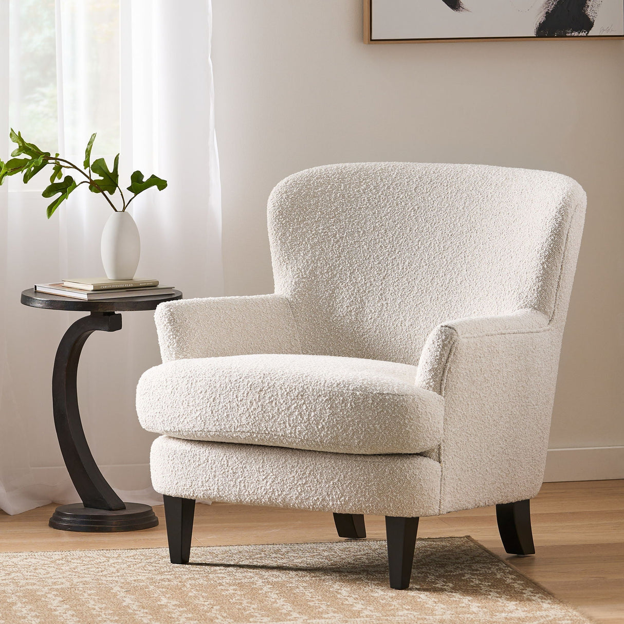 Melodique Boucle Fabric Upholstered Club Chair With Tapered Legs