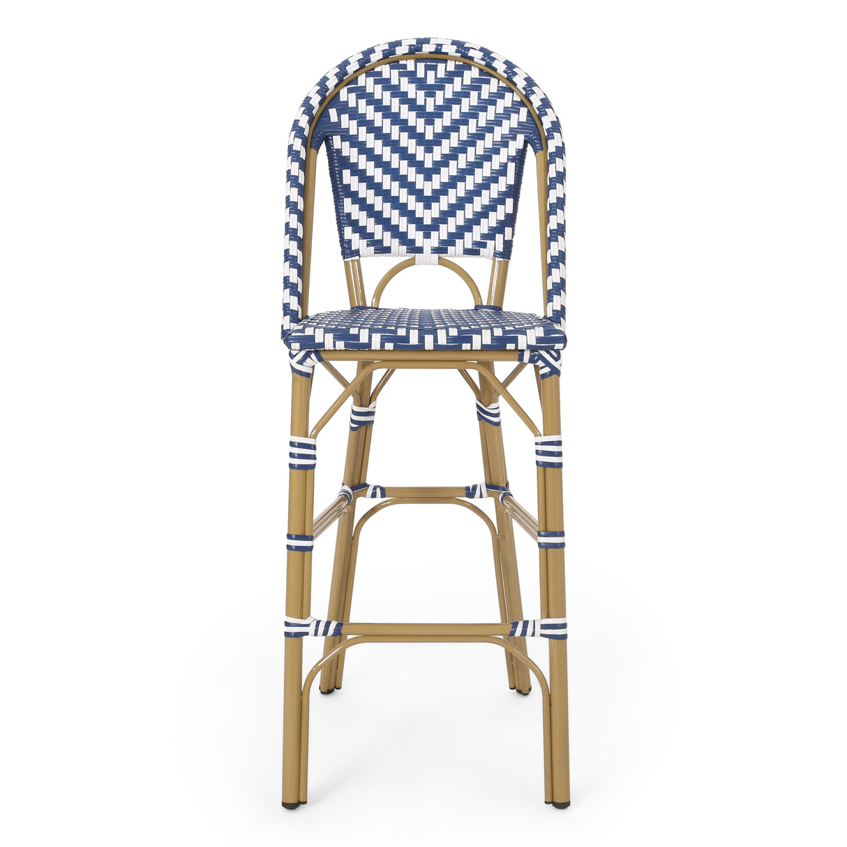 29.5" outdoor pe rattan french barstool, navy blue and white, aluminum frame with bamboo finish (set of 2)