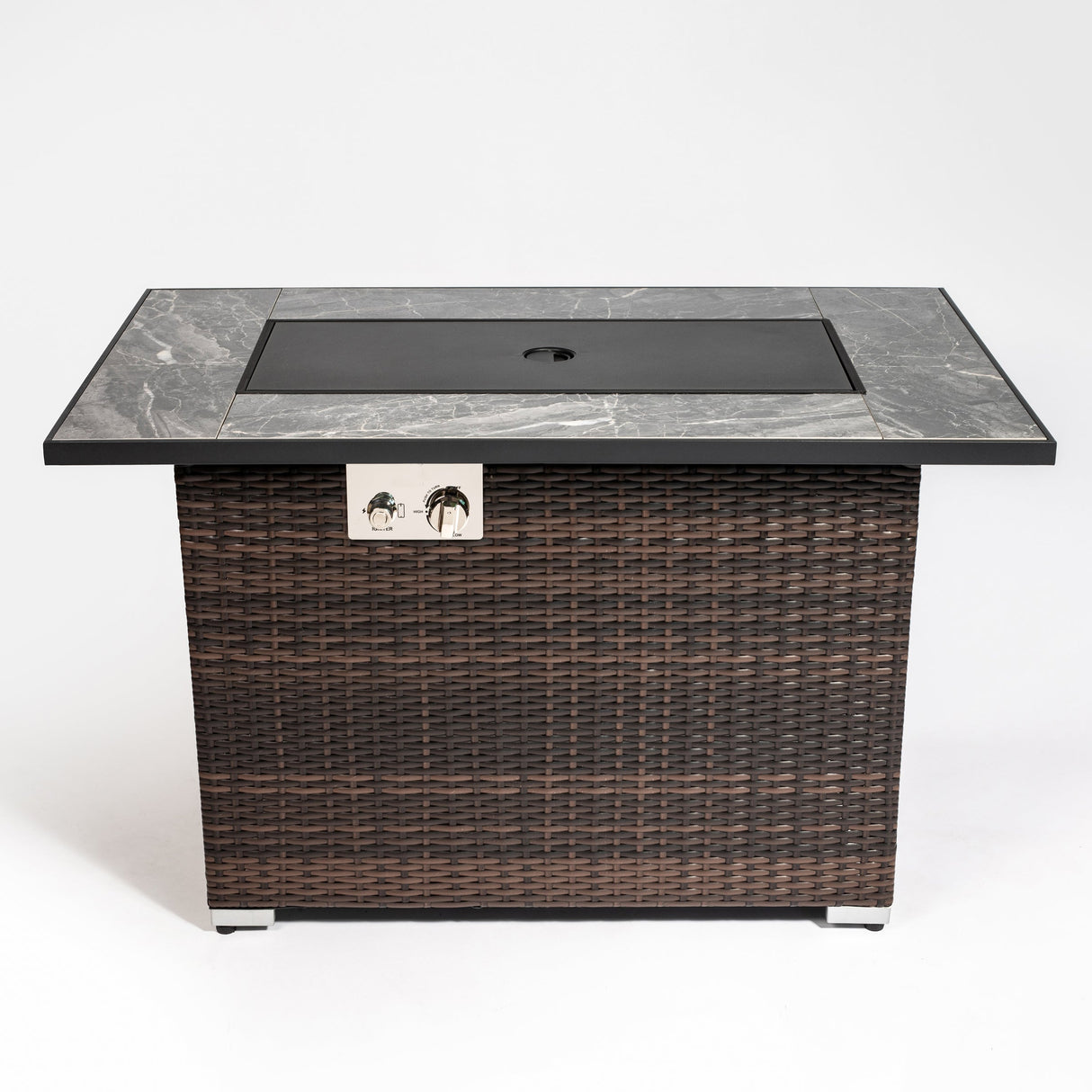 44' Propane Gas Fire Pit Table, 50000 BTU Rectangular Fire Pit, Tile Tabletop with Beautiful Wicker Base for Outside Patio Deck Garden Courtyard-Brown