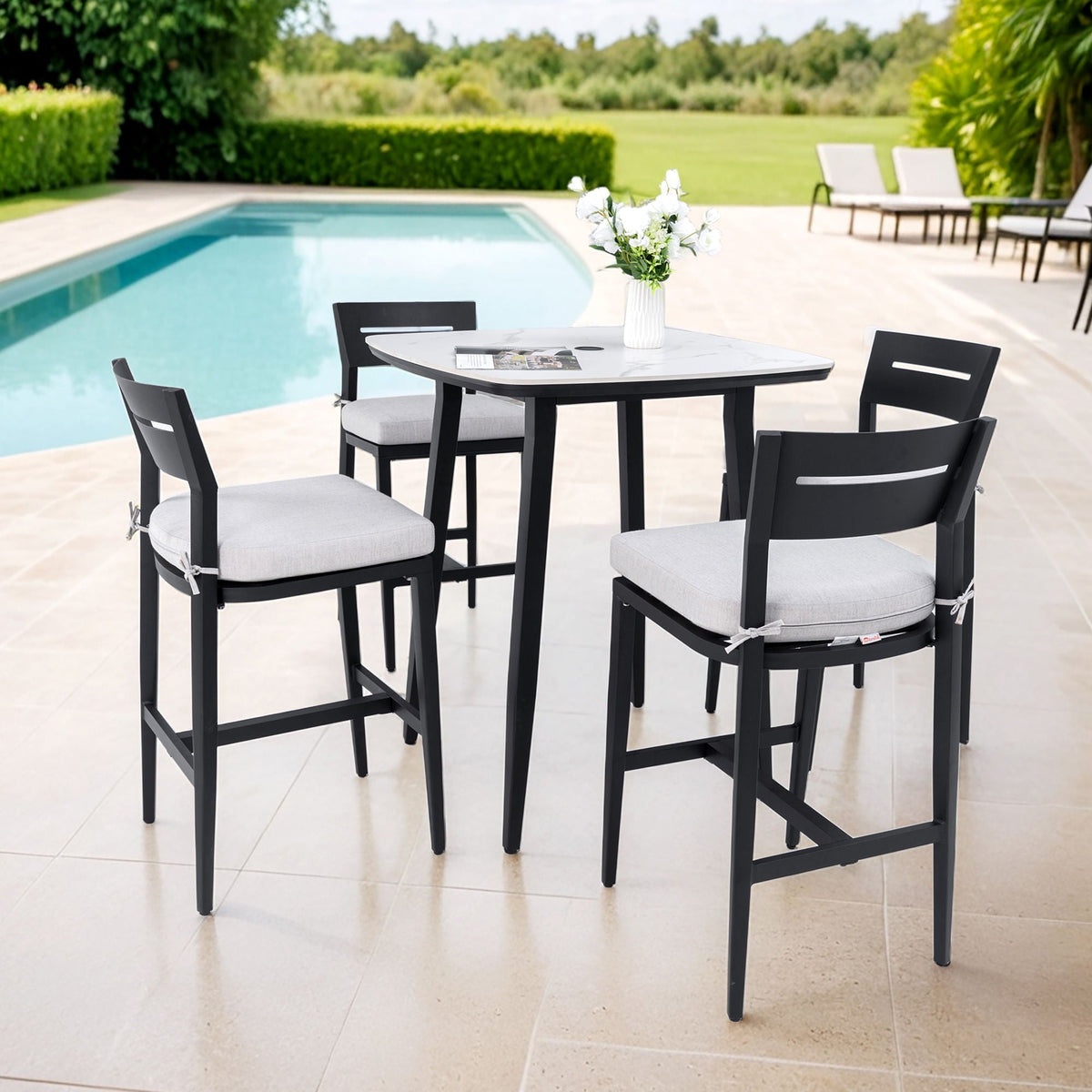 Modern Outdoor Patio Bar Set, Rounded Square Table & Bar Chairs, Non Rust Frame, Tapered Legs, Sunbrella Cushion