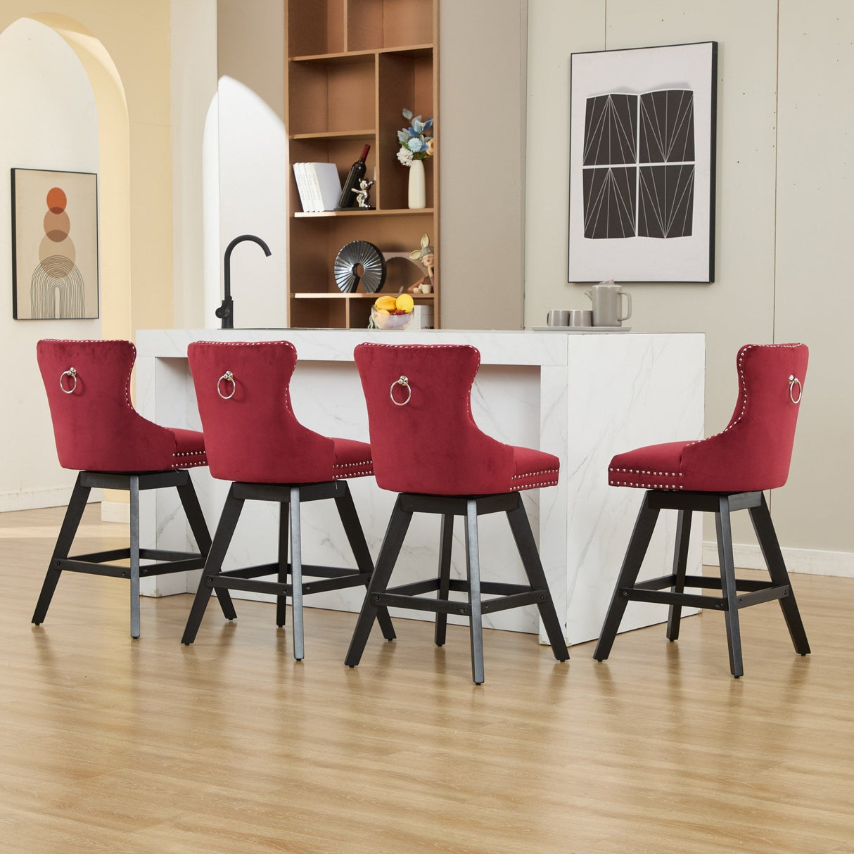 Swivel Velvet Barstools with Button Tufted DecorationSet of 2 (Wine Red)